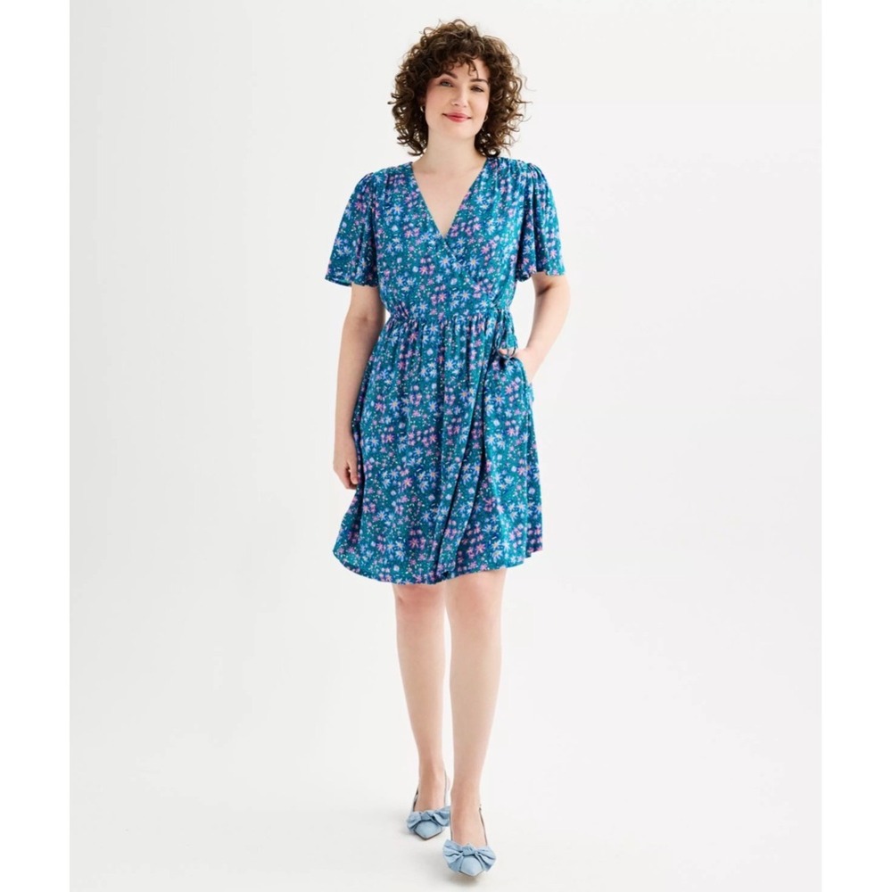 Draper James RSVP Floral Wrap Dress Women XXL Teal Blue Short Flutter Sleeve